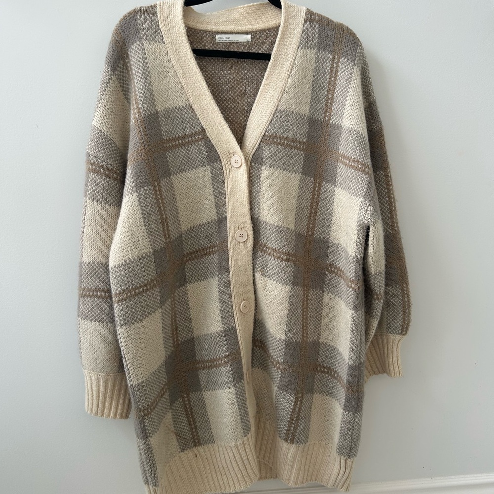 OAK + FORT Cream and Brown Plaid Cardigan